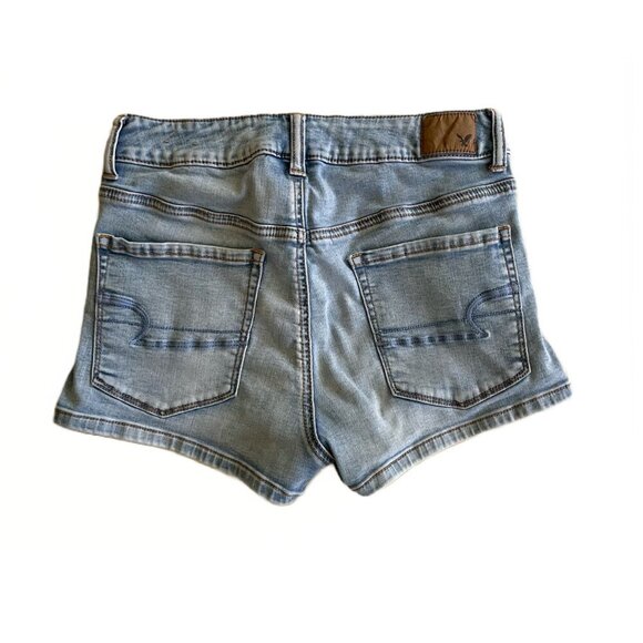 American Eagle Blue Denim Super Super Stretch Hi Rise Shortie Jean Shorts Sz 8 - Picture 2 of 7